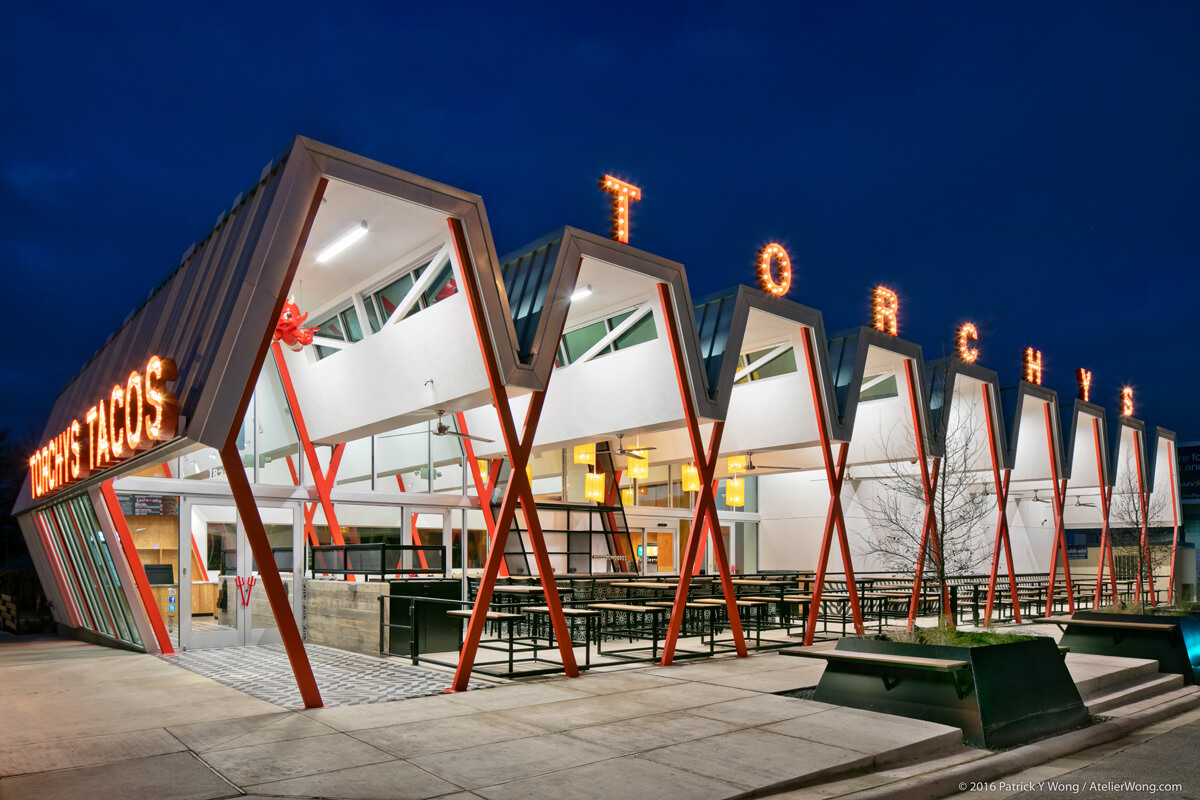 Torchy’s Tacos on SoCo designed by Chioco Design with steel fabrication and construction by The Salinas Group.